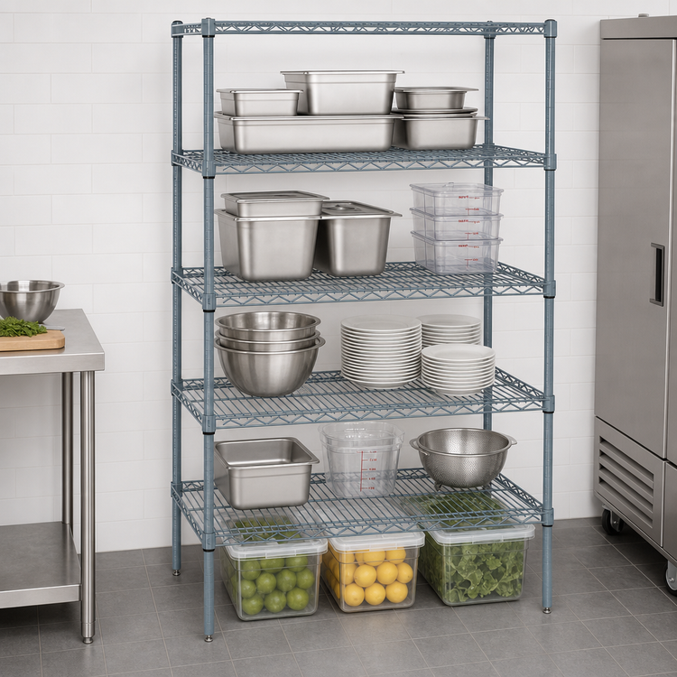 Product image #3 for Quantum Stationary Wire Shelving Starter Kit, 42"W x 86"H, 5 Shelves, Gray Epoxy Antimicrobial Finish