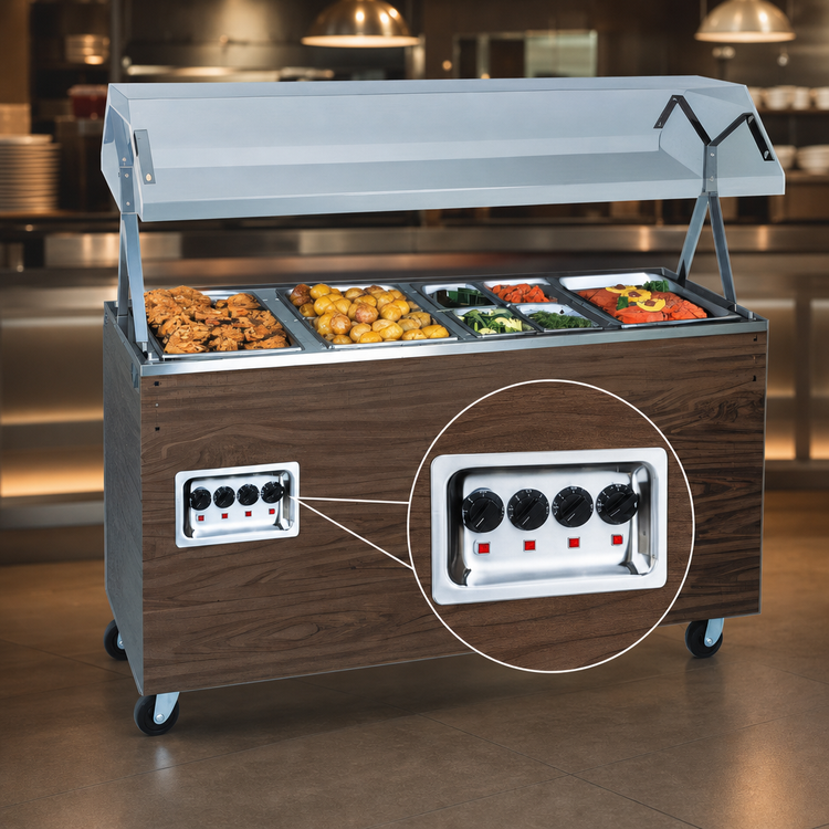 Product image #3 for Vollrath 2-Series Affordable Portable 4-Well Open-Well Mobile Hot Food Station with Buffet Breath Guard and Enclosed Storage Base, Cherry Woodgrain, 208-240V