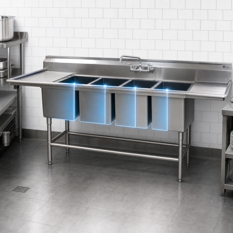 Product image #3 for Eagle Spec-Master FN Series Coved Corner Four-Compartment Stainless Steel Sink with 30-Inch Left Drainboard, 104-Inch Wide