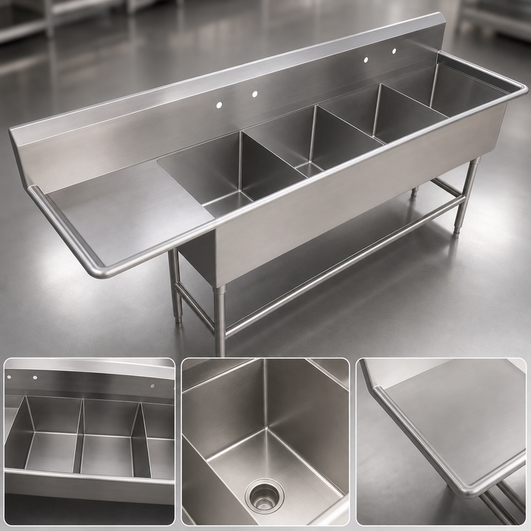 Product image #3 for John Boos Pro-Bowl 4-Compartment Sink with Left Drainboard, 20-Inch x 20-Inch x 12-Inch Bowls, 14-Gauge Stainless Steel