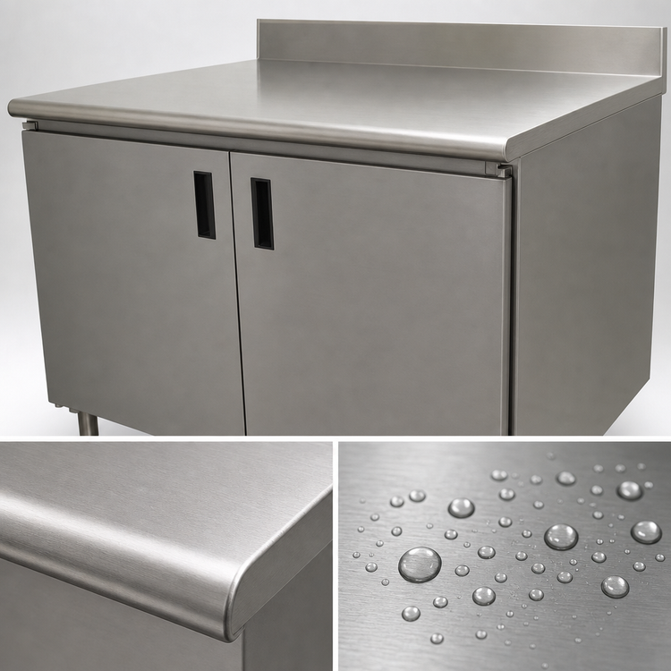 Product image #3 for Advance Tabco 144-Inch Enclosed Stainless Steel Work Table with Cabinet Base, Mid-Shelf, Hinged Doors, 14 Gauge 304 Stainless Steel Top, 5-Inch Backsplash