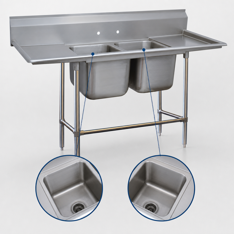 Product image #3 for Advance Tabco Regaline 2-Compartment Sink with Left and Right Drainboards, 20 x 20 Compartments, 14-Gauge 304 Stainless Steel