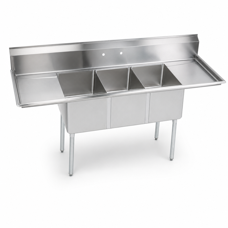 Product image #3 for BK Resources 84-Inch Three-Compartment Stainless Steel Sink with Dual Drainboards