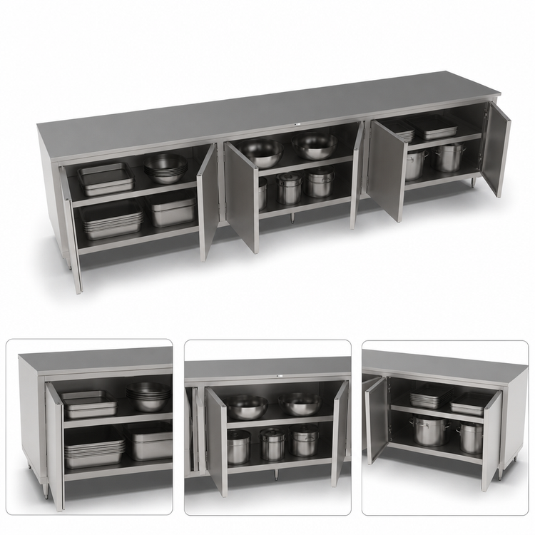 Product image #3 for John Boos 144" x 24" 14-Gauge 300 Series Stainless Steel Enclosed Work Table with Cabinet Base and 3 Hinged Door Sets