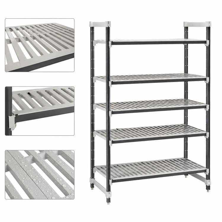 Product image #3 for Cambro Camshelving Elements XTRA 18 x 42 x 64 Inch 5-Tier Vented Stationary Starter Shelving Unit, Speckled Gray