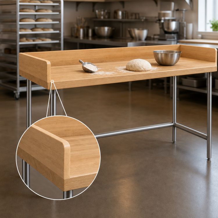 Product image #3 for Advance Tabco 96-Inch W x 30-Inch D Bakers' Table with 1-3/4-Inch Wood Top, 4-Inch Rear and Side Splashes, Stainless Steel Base