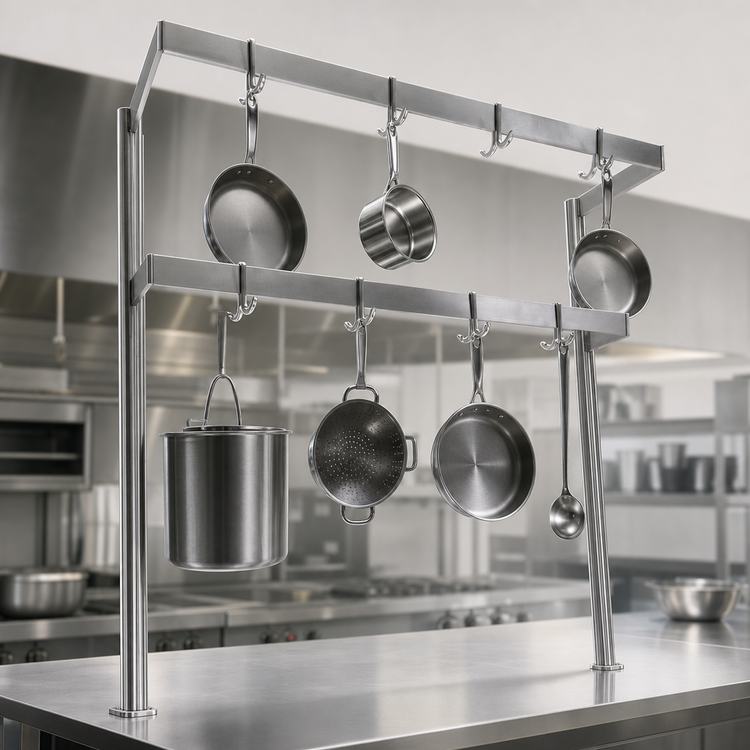 Product image #3 for John Boos Table-Mounted Double-Bar Stainless Steel Pot Rack with 10 Double Hooks, 55-1/4-Inch Overall Length