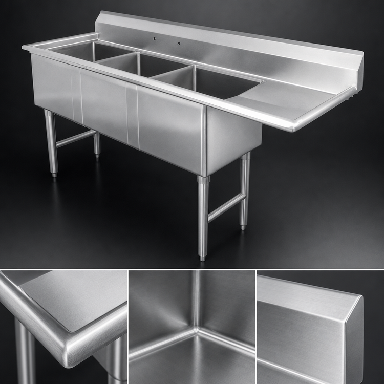 Product image #3 for Steel Works 18-Gauge 3-Compartment 304 Stainless Steel Sink with Right Drainboard — 68.5" W x 25.5" D x 43.75" H