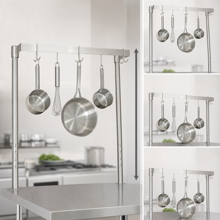 Product image #3 for BK Resources APU-36 Adjustable Table-Mount Single-Bar Pot Rack, 36 Inch Wide x 50 Inch High, Stainless Steel, 6 Hooks
