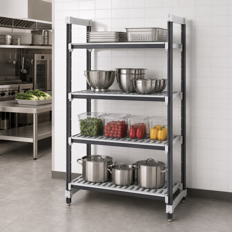 Product image #3 for Cambro Camshelving Elements XTRA 4-Tier Vented Stationary Starter Shelving Unit, 18" x 72" x 84"