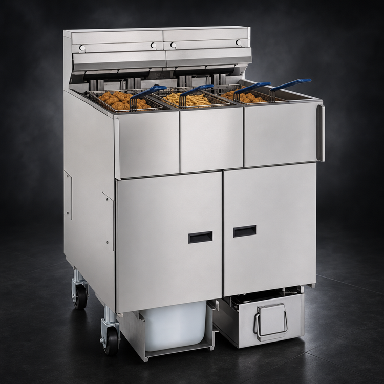 Product image #3 for Solstice Reduced Oil Volume Electric Floor Model 3-Fryer System with Built-In Filter Drawer and 30 lb. Tanks