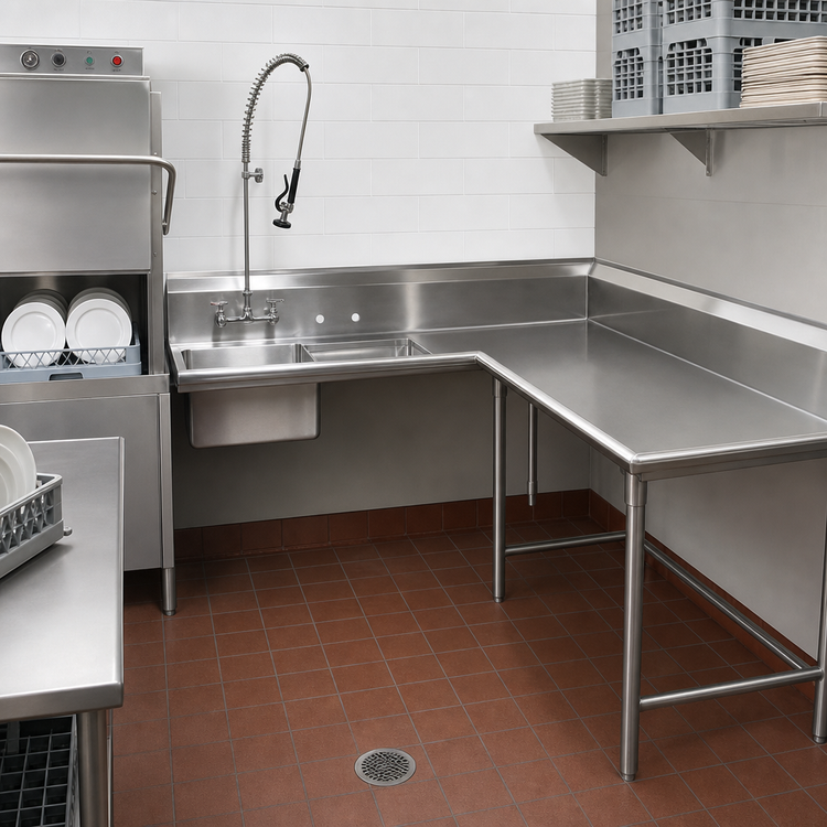 Product image #3 for Advance Tabco Korner Soil L-Shaped Right-Hand Dishtable with Pre-Rinse Sink, 119-Inch, 304 Stainless Steel