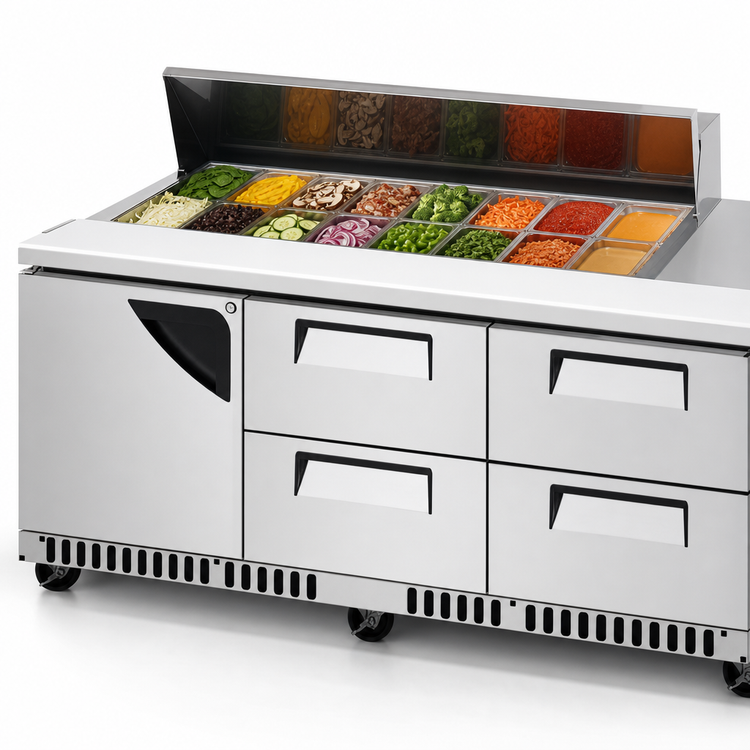 Product image #4 for Turbo Air Super Deluxe 72-5/8-Inch Three-Section Sandwich/Salad Prep Table with 12-Pan Top, 4 Drawers, and 1 Door