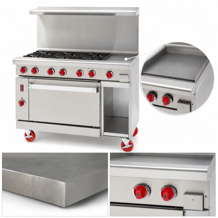 Product image #3 for American Range Green Flame 48-Inch Commercial Gas Range with 24-Inch Griddle, 4 Open Burners, Standard Oven, and Storage Base