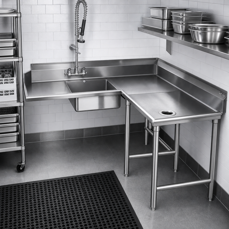 Product image #3 for Spec-Master Corner Soiled Dishtable with Pre-Rinse Sink, Right-to-Left, 14/304 Stainless Steel
