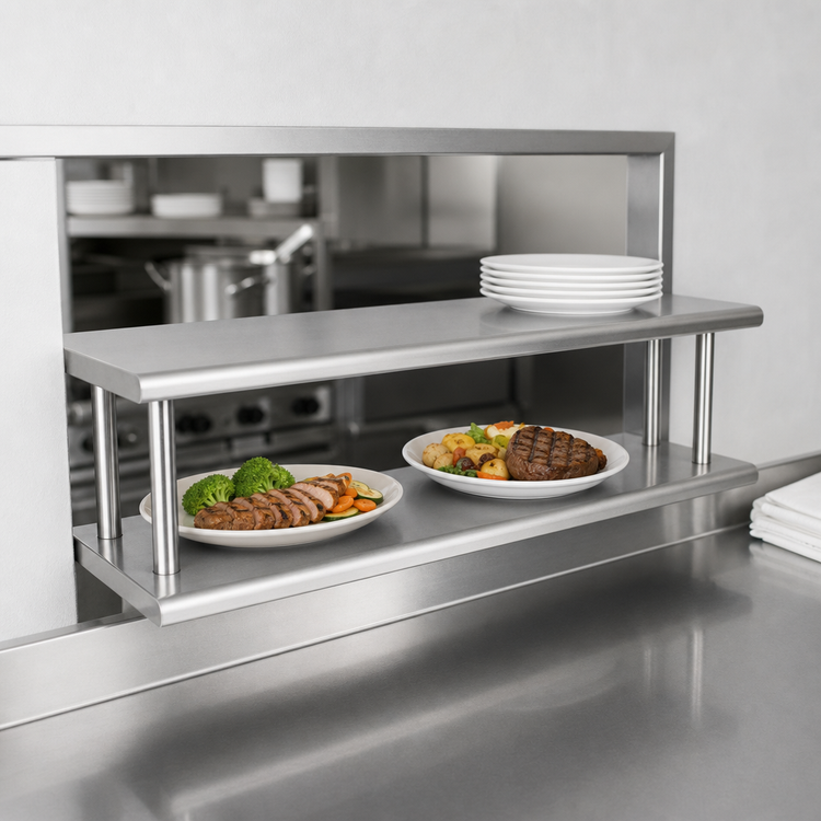 Product image #3 for BK Resources Double Tier Pass-Through Shelf, 24 x 18 Inch, Stainless Steel, 5 Inch Max Wall Thickness