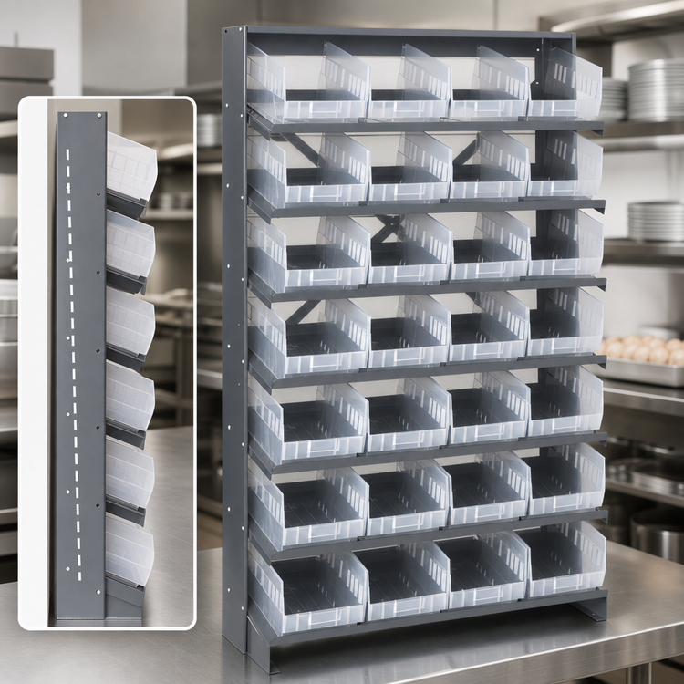 Product image #3 for Quantum Sloped Single-Sided Steel Pick Rack with 8 Shelves and 32 Clear Bins