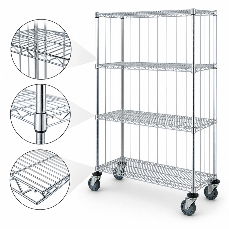 Product image #3 for Quantum Mobile Wire Shelving Enclosure Cart with 4 Shelves, 36 x 24 x 69 Inches, Chrome Plated Finish