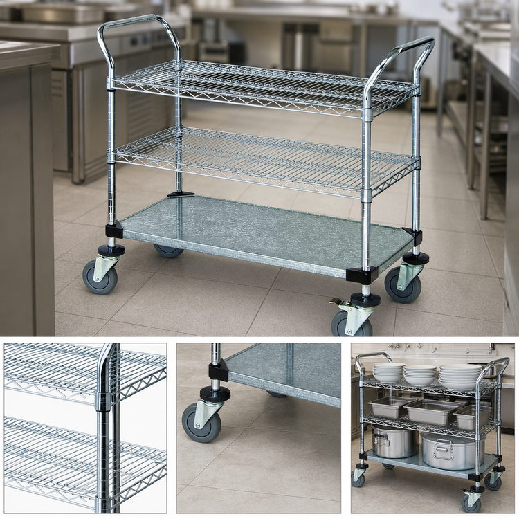 Product image #3 for Quantum 3-Shelf Utility Bus Cart with Chrome Wire and Galvanized Shelf, 42 x 24 Inches