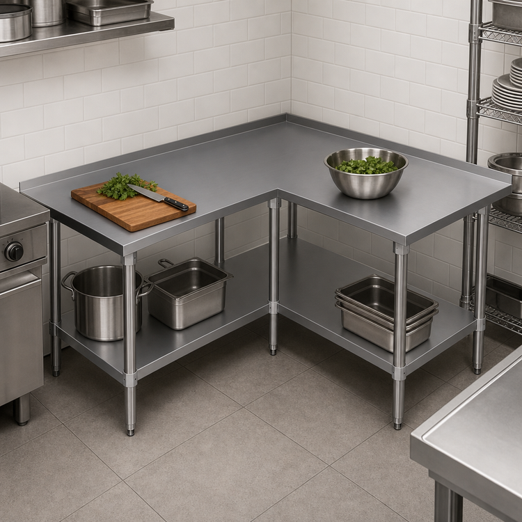 Product image #3 for John Boos L-Shaped Stainless Steel Corner Work Table with Adjustable Undershelf and Rear Up-Turn
