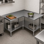Thumbnail image #3 for John Boos ST4R1.5-L3060SSK L-Shaped Stainless Steel Corner Work Table, 14-Gauge 300 Series Top, Adjustable Undershelf, 1-1/2-Inch Rear Up-Turn