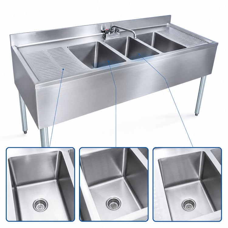 Product image #3 for BK Resources Slim-Line 3-Compartment Stainless Steel Underbar Sink with Dual 25-Inch Drainboards, 84-Inch Wide
