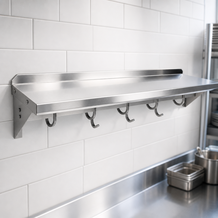 Product image #3 for John Boos Stallion 60-Inch Wall-Mount Stainless Steel Commercial Pot Rack Shelf with 5 Hooks, 16 Gauge