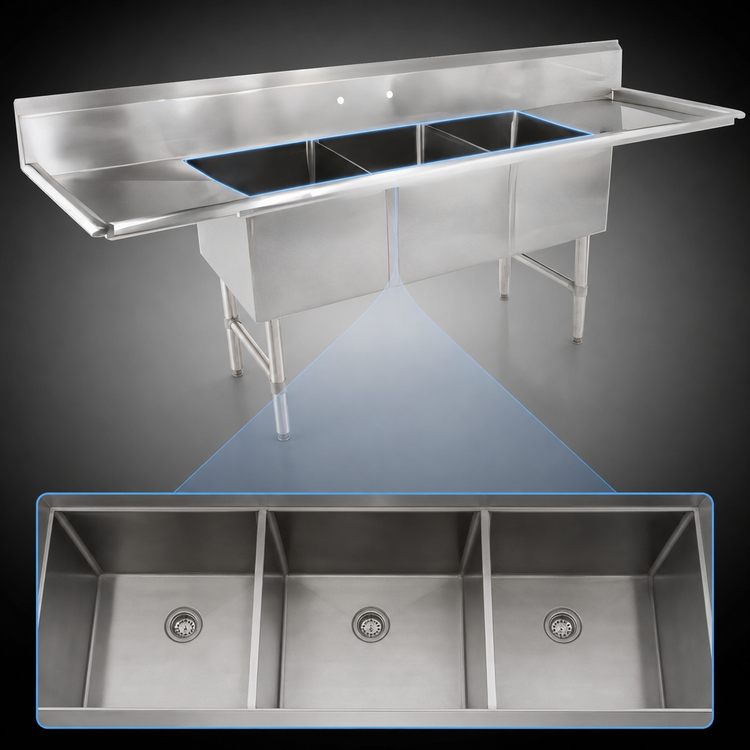Product image #3 for John Boos B Series 3-Compartment Sink With Left & Right Drainboards, 123-1/4-Inch Wide