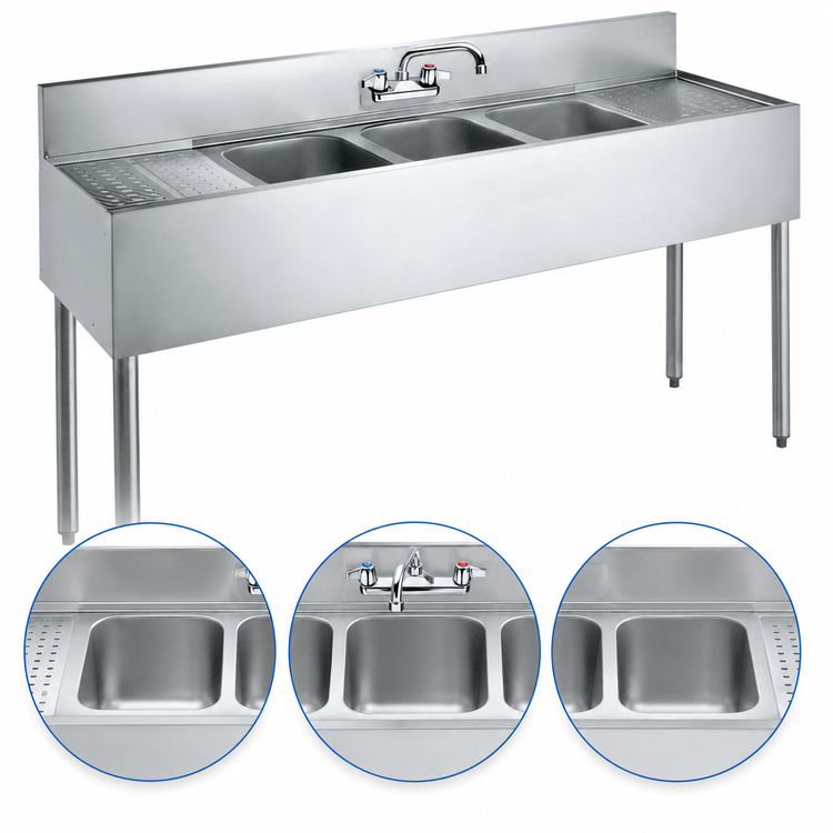 Product image #3 for Krowne Silver Series 60-Inch Three-Compartment Convenience Store Sink with Dual Drainboards and Faucet