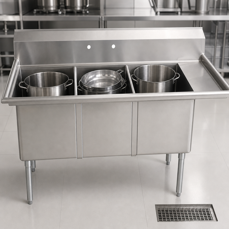 Product image #3 for Omcan USA 3-Compartment Pot Sink with Right-Hand Drainboard, 24 x 24 x 14 Inch Bowls, 304 Stainless Steel
