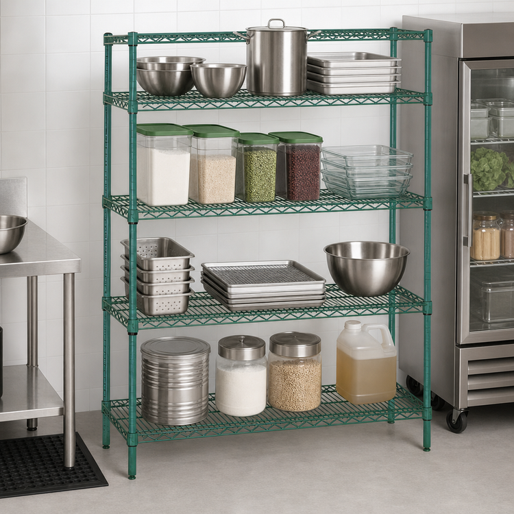 Product image #3 for Quantum Wire Shelving Starter Kit, 72-Inch Wide x 86-Inch High, 4-Shelf Stationary Unit, Green Epoxy Antimicrobial Finish