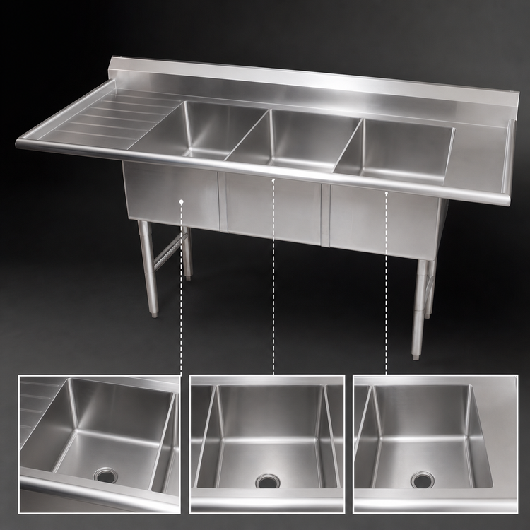 Product image #3 for Steel Works Stainless 90-Inch Straight Soiled Dishtable with Left Drainboard, 3 Compartments