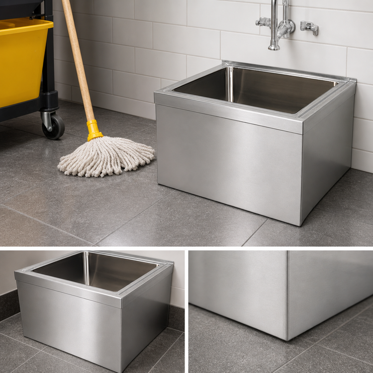 Product image #3 for BK Resources Floor-Mount 18/304 Stainless Steel Mop Sink with 24 x 24 x 12-Inch Bowl