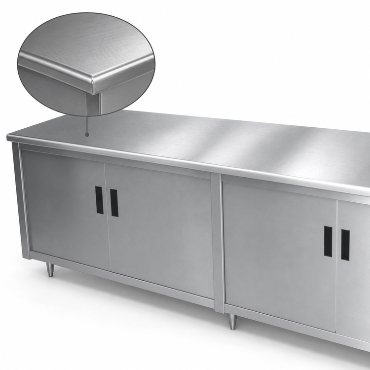 Product image #3 for Advance Tabco 84 Inch x 24 Inch 14 Gauge 304 Stainless Steel Enclosed Work Table with Cabinet Base, Mid-Shelf, and Hinged Doors