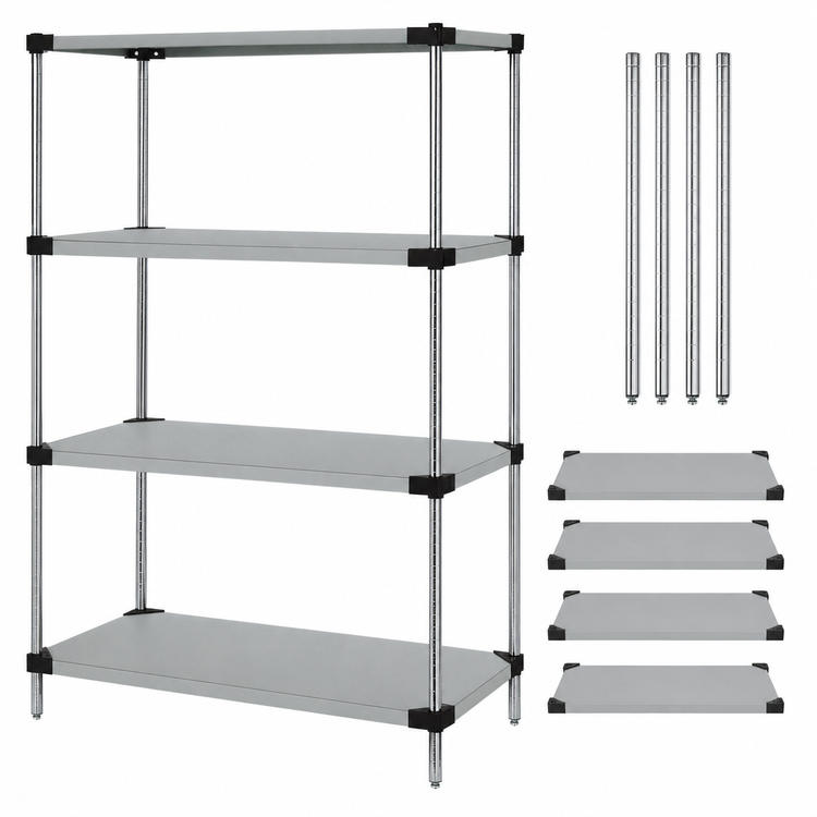 Product image #3 for Quantum Stationary Solid Shelving Starter Kit, 60 x 18 x 63 Inches, 4 Shelves, 304 Stainless Steel