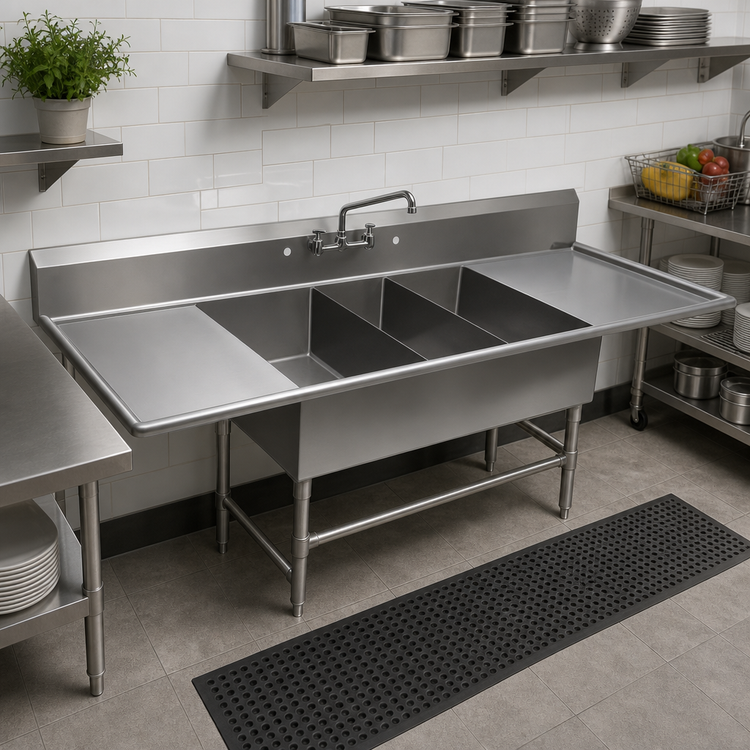 Product image #3 for John Boos Pro-Bowl 3-Compartment Sink with Left & Right Drainboards, 123-1/4 in. x 29-1/2 in., 14-Gauge Stainless Steel