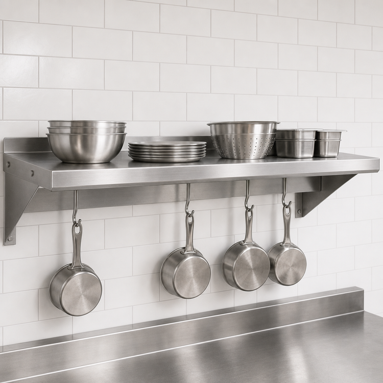Product image #3 for BK Resources Premium Wall-Mounted Overshelf with Pot Rack, 96 Inch W x 12 Inch D