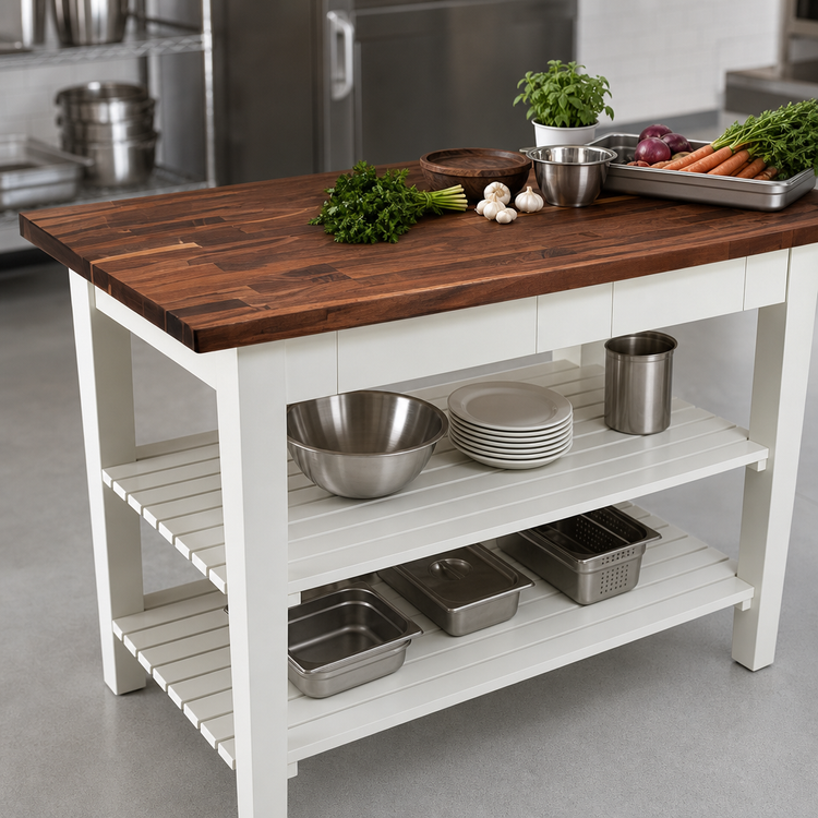 Product image #4 for John Boos 60-Inch x 36-Inch American Black Walnut Wood Top Work Table with Painted Base and Slatted Undershelves