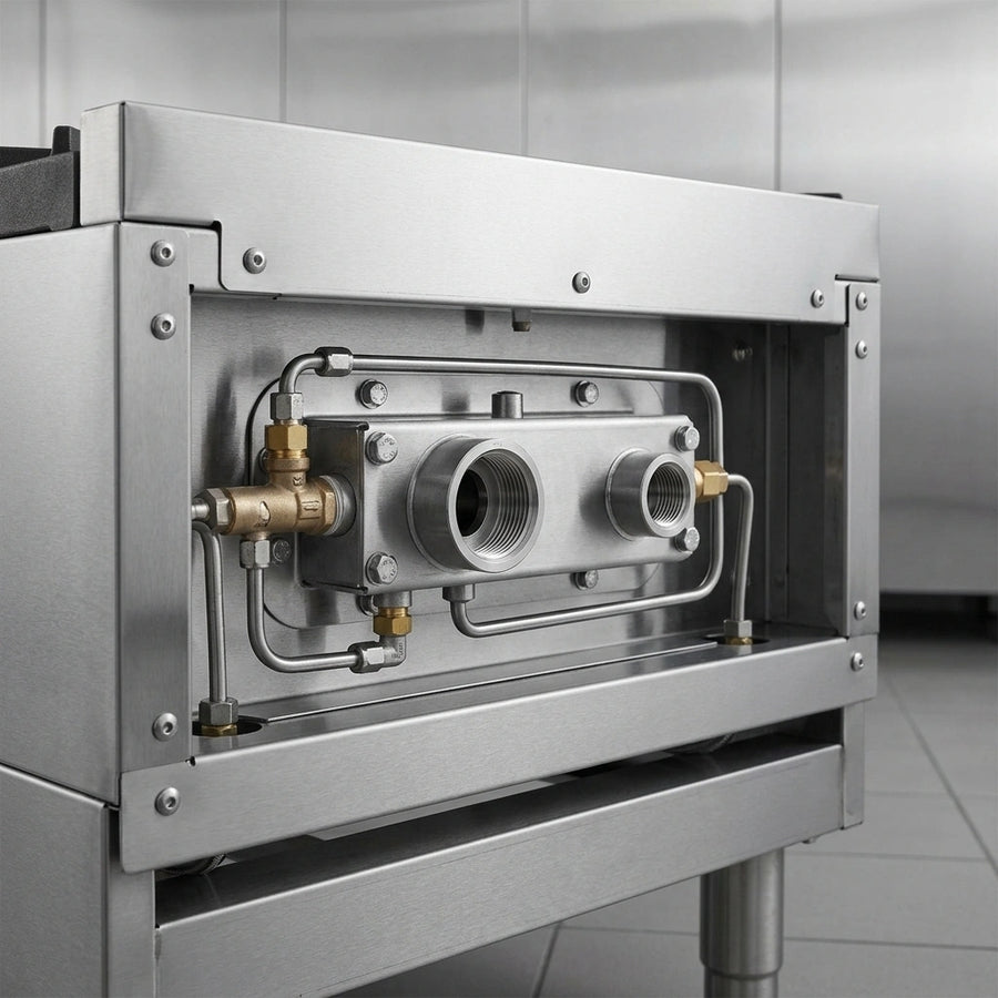 This detailed view highlights the flexible gas connection options, ensuring versatile installation for the heavy-duty commercial gas range.