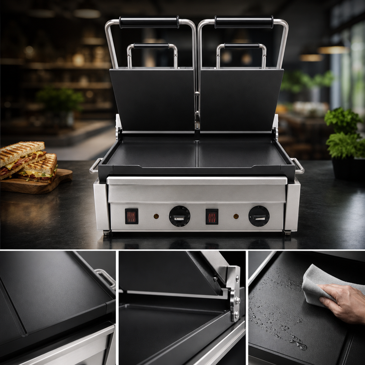 Product image #3 for Omcan Commercial Double Panini Grill with Smooth Top & Bottom Cast Iron Plates, 10 x 18 Inch Cooking Surface, 220V