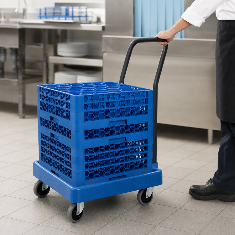 Product image #3 for OptiClean Blue Polypropylene Glass Rack Dolly with Push Handle, 350 lb Capacity