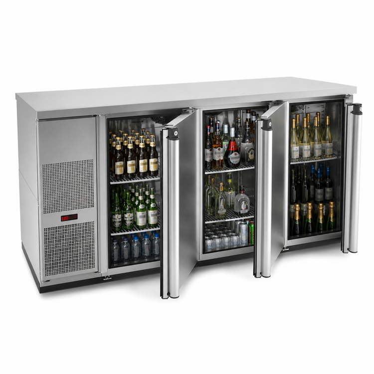 Product image #3 for Pro-Line E-Series 80-Inch Three-Section Stainless Steel Refrigerated Back Bar Cabinet with Solid Locking Doors