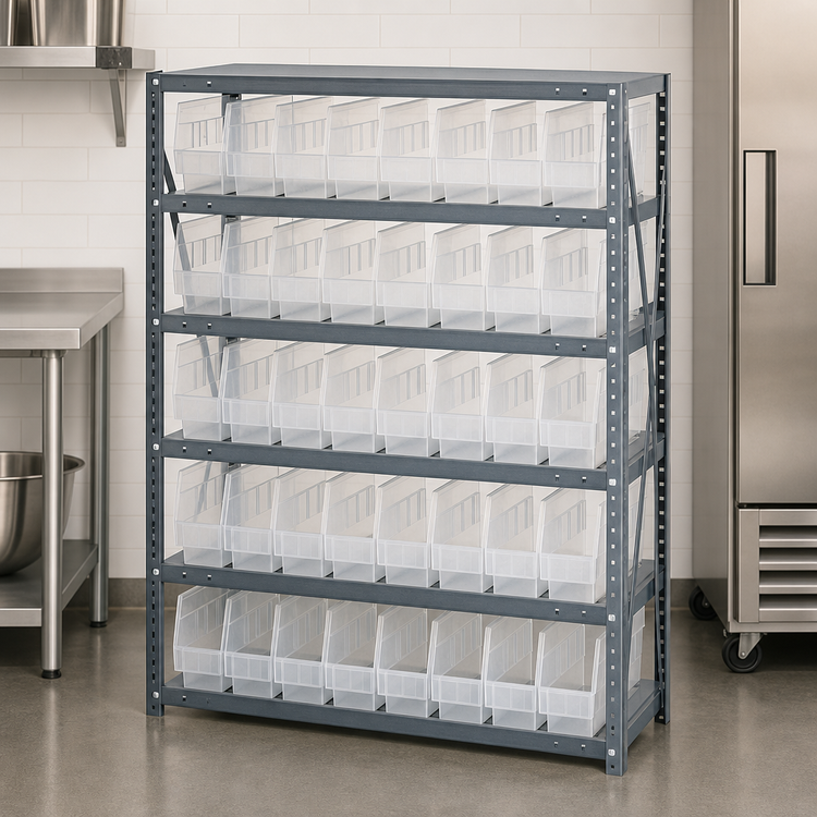 Product image #3 for Quantum Heavy-Duty Stationary Wire Shelving Unit with 5 Shelves and 18 Clear Bins, 36 x 12 x 39 Inches