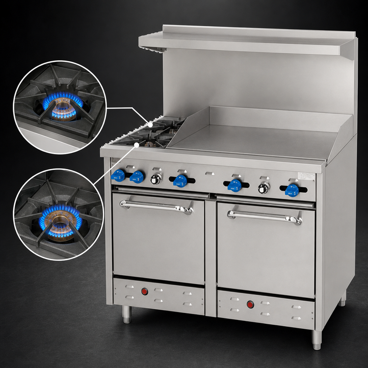 Product image #3 for Comstock-Castle F3218-36 48-Inch Commercial Gas Range with 2 Open Burners, 36-Inch Griddle, and 2 Space-Saver Ovens