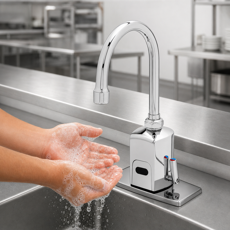Product image #3 for T&S Brass ChekPoint Above-Deck Electronic Touchless Faucet with 4-Inch Centers and Gooseneck Swivel/Rigid Spout