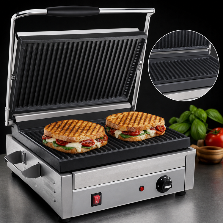 Product image #3 for Commercial Countertop Single Panini Press with Ribbed Top & Bottom Cast Iron Plates, 14 x 10 in., 240V