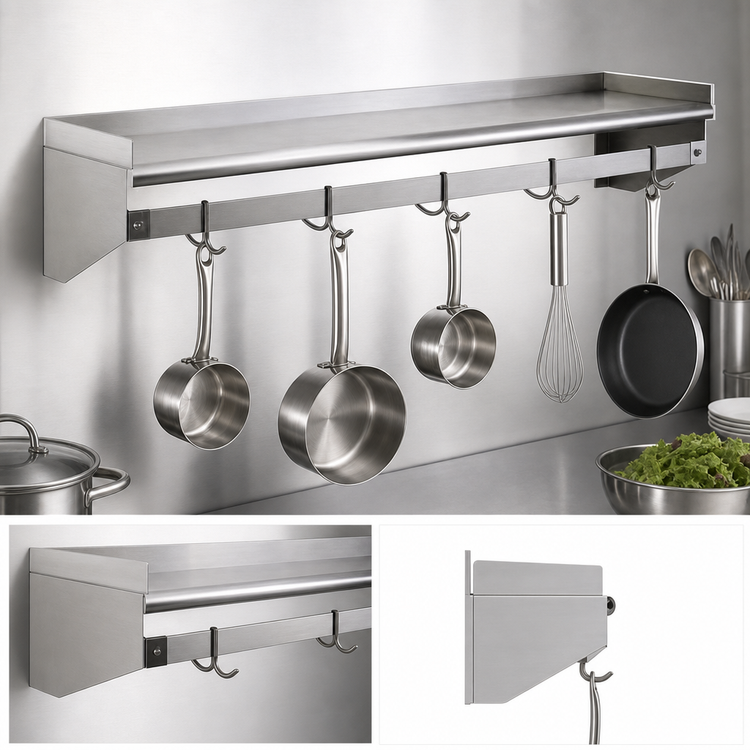 Product image #3 for 108-Inch Wall-Mounted Stainless Steel Wall Shelf with Pot Rack and Removable Hooks
