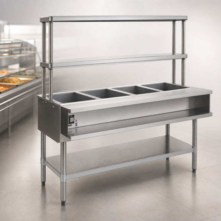 Product image #3 for Eagle Group 4-Opening Natural Gas Water Bath Hot Food Table with Open Base and Flex-Master Overshelves