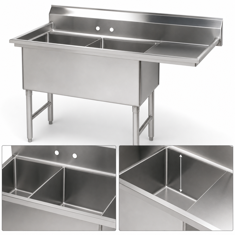 Product image #3 for Advance Tabco Special Value Series 2-Compartment Fabricated Sink with 18-Inch Right-Hand Drainboard and 24 x 24 x 14-Inch Bowls