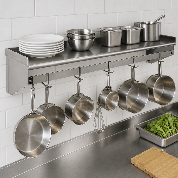 Product image #3 for Eagle Group 120 Inch Wall-Mounted Stainless Steel Shelf with Pot Rack and 10 Hooks